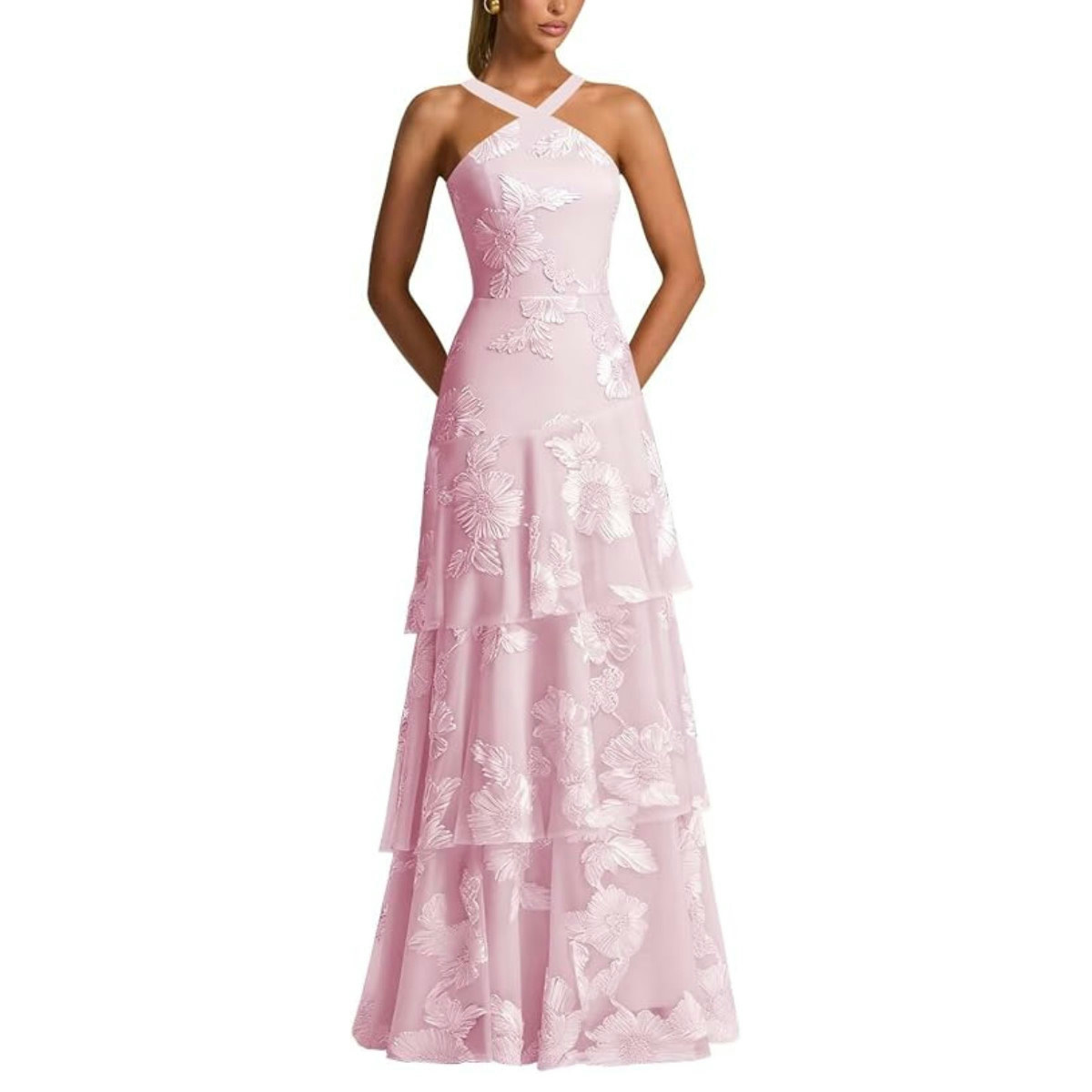 Halter Tiered Embroidered Dress