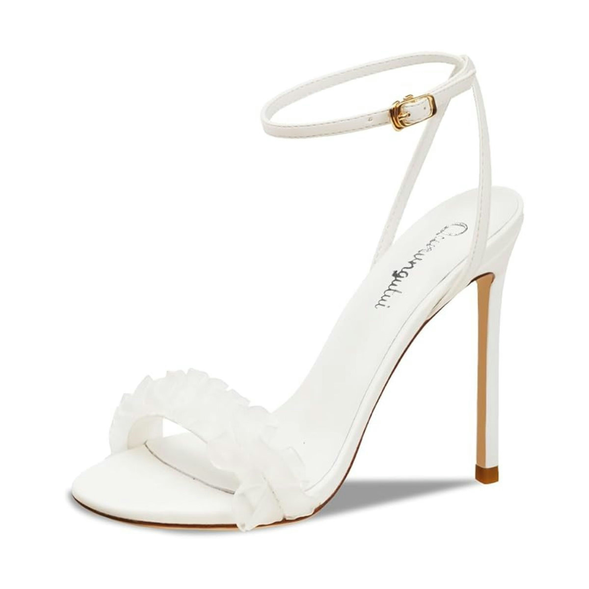 Lace Ruffle Strap Heels White
