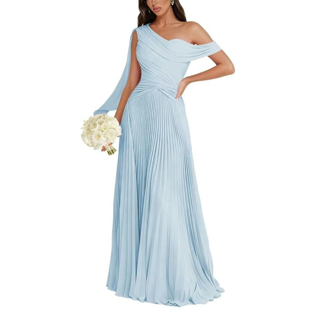 One Shoulder Pleated Chiffon Dress